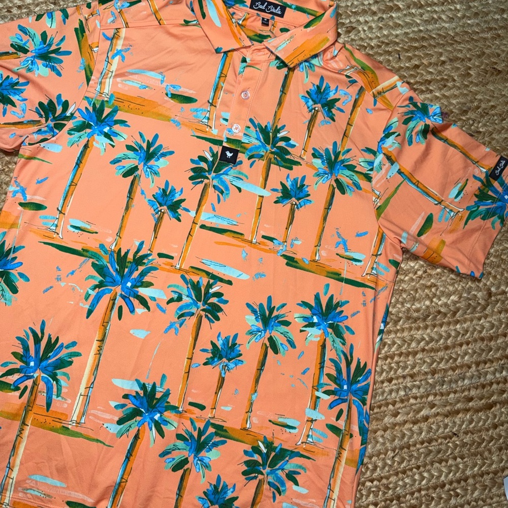 Bad Birdie Orange and Blue Palm Tree Polo